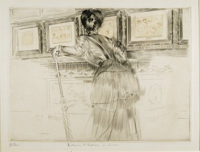 ルーヴル美術館のヴァトーの絵を見ている女性c。 1895 作： Paul Cesar Helleu