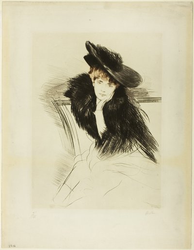 前傾姿勢で座り、左手であごを支える女性 作： Paul Cesar Helleu