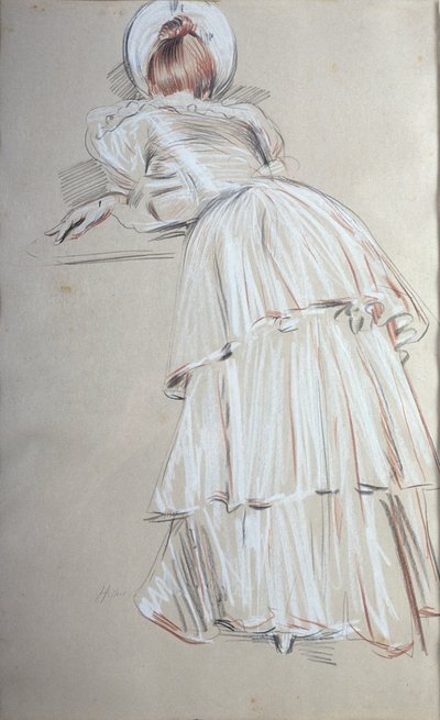 後ろから傾いて立っている女性（パステル） 作： Paul Cesar Helleu