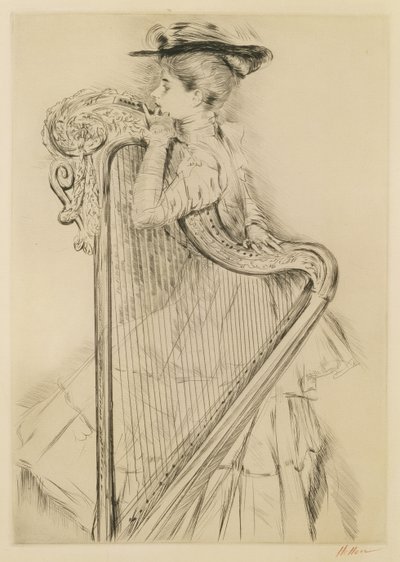 ハープを持つ女性（ドライポイント） 作： Paul Cesar Helleu