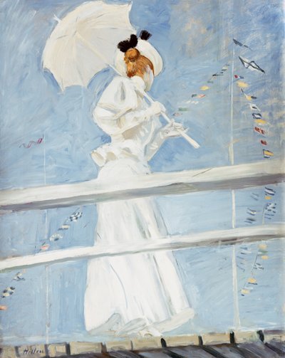 桟橋に日傘を持つ若い女性 作： Paul Cesar Helleu