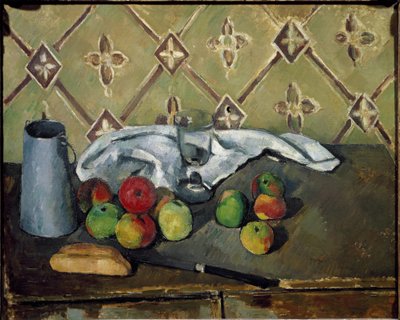 果物、ナプキン、ミルクボックス - キャンバスに油彩 作： Paul Cézanne