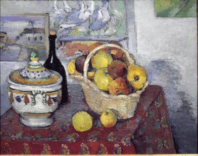 スープタンのある静物 - キャンバスに油彩 作： Paul Cézanne