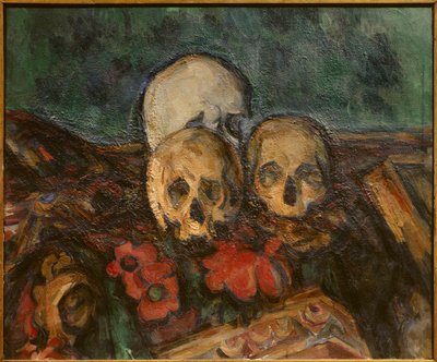東洋の絨毯に描かれた3枚の皮 ポール・セザンヌ（1839-1906）の絵画 1898年 ソロトゥルン。Kunstmuseum。- 東洋の絨毯の上の3つの頭蓋骨ポール・セザンヌ（1839-1906）の絵画 作： Paul Cézanne