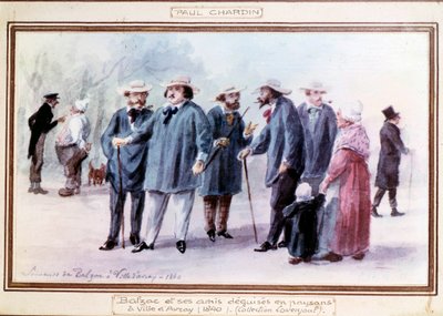 フランスの作家、オノレ・ド・バルザック（1799-1850）とその友人たちは、1840年にアヴレイの町で農民に変装しています。ポール・シャルダン（1833～）が記憶を頼りに描いた水彩画。 作： Paul Chardin