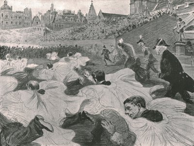 「国王と王妃が修道院を去るのを見たくて急いで」、1902 年。 作： Paul Charles Renouard