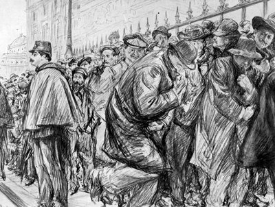 1909年、パリ、マルグリットシュタインハイルの裁判中に、法廷の外に並ぶ 作： Paul Charles Renouard