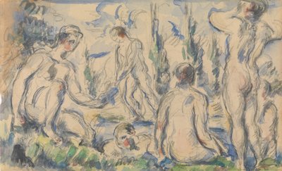 入浴者の直腸、風景の裏面、ca. 1888 年直筆 反対。 作： Paul Cézanne