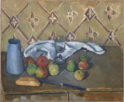 フルーツ、セルビエット、ミルクの水差し 作： Paul Cézanne