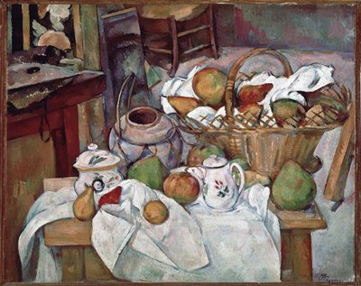 台所のテーブル」または「バスケットのある静物」 - 油彩・キャンバス 作： Paul Cézanne