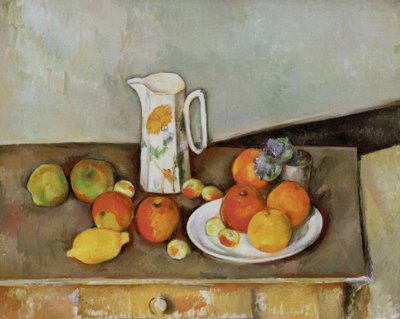 静物：テーブルの上のミルクの水差しと果物 作： Paul Cézanne