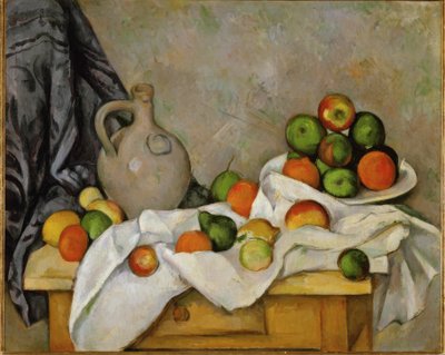 カーテン、水差し、フルーツボウル 作： Paul Cézanne