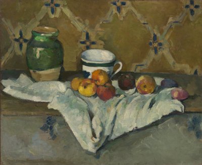 ジャー、カップ、リンゴのある静物、約。 1877年。 作： Paul Cézanne