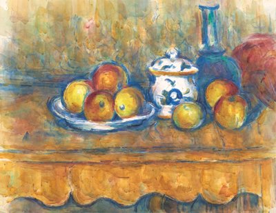 青い瓶、シュガー ボウル、りんごのある静物、1900-1902 年。 作： Paul Cézanne