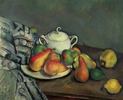 砂糖の洗面器と果物のある静物 作： Paul Cézanne