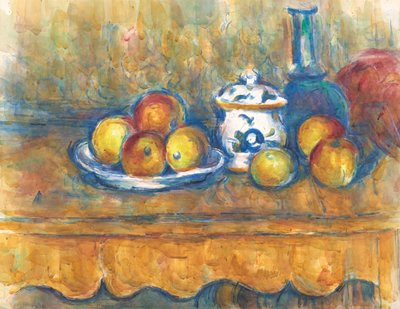 青い瓶、シュガー ボウル、リンゴのある静物 作： Paul Cézanne