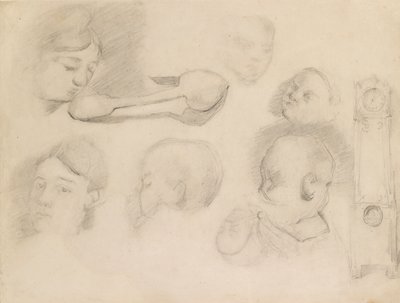 子供の頭、女性の頭、スプーン、および長いケースの時計の研究、c1872 作： Paul Cézanne