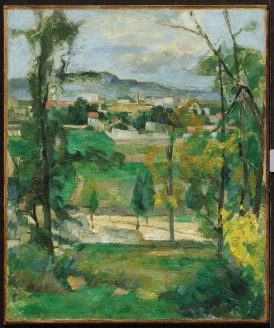 木の後ろの村、イルドフランス、c.1879 作： Paul Cézanne
