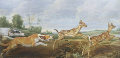 狩猟シーン：2つの牧神を追いかける犬 作： Paul De Vos