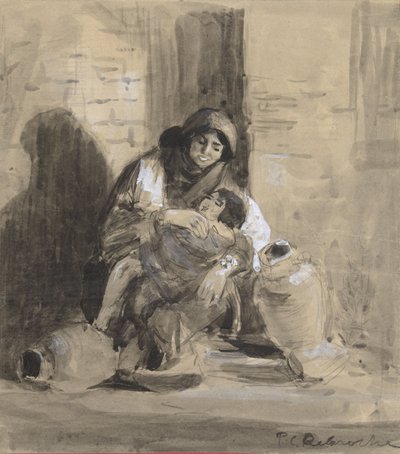 座っているガザ出身のユダヤ人女性と、子供と 2 つの大きな瓶 作： Paul Delaroche