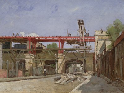 1888年、パリのルーデラヴート橋で環状道路の線路を上げる労働者 作： Paul Desire Trouillebert