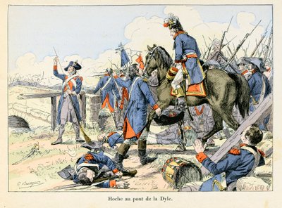 ダイル川の橋の上のオッシュ。1793年3月、ルーベン（ベルギー）前のダイル川の通路で退却を援護しながら、ラザール・オッシュ（1768-1797）はオーストリア軍と戦った - エミール・ブーティニー（1853-1929）のイラスト テオドールの「オッシュ＝マルソー＝デサイス」に掲載されている。 作： ポール・エミール・ブティニー