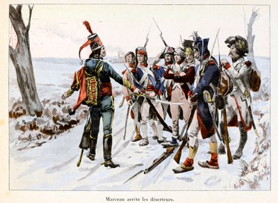 Marceau arrete deserteurs:Francois-Severin Desgraviers Marceau (1769-1796) がヴァンデ地方で共和国軍の兵士を拘束する (85) - Emile Boutigny (1853-1929) の挿絵 Theodore Cahu (1854-1928) の「Hoche-Marceau-Desaix」にて - Private col. 作： ポール・エミール・ブティニー