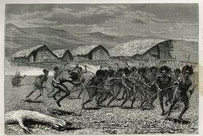 公教育省から科学的使命を与えられたアシール・ラフレイが1876年から1877年にかけて行ったニューギニーへの航海を説明するためのE.Mesplesによる彫刻で、「ツアー・ド」に掲載されている。 作： Paul Eugene (after) Mesples