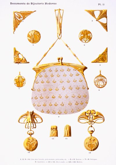 ジュエリーデザイン、プレート11、「Documents de Bijouterie et Orfeverie modernes」、パリ、アンリローレンス発行、1900年頃（彩色クロモト） 作： Paul Follet