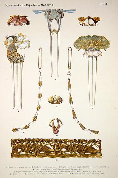 1900年頃、パリのHenri Laurens社から出版された「Documents de Bijouterie et Orfeverie modernes」のプレート3に描かれたジュエリーのデザイン（着色されたクロモリ写真） 作： Paul Follet