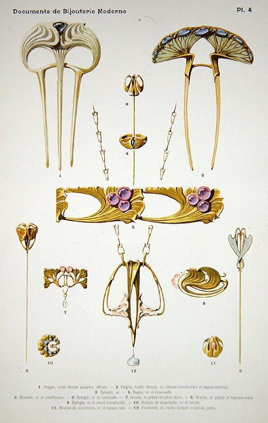 1900年頃、パリのHenri Laurens社から出版された「Documents de Bijouterie et Orfeverie modernes」のプレート4に描かれたジュエリーのデザイン（着色されたクロモリ写真） 作： Paul Follet