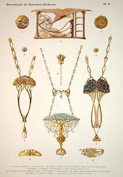 1900年頃、パリのHenri Laurens社から出版された「Documents de Bijouterie et Orfeverie modernes」のプレート5に掲載されたジュエリーのデザイン（彩色されたクロモリ写真）。 作： Paul Follet