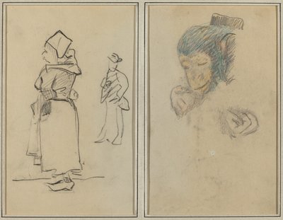 ブルトンの女性と立っている男性。 猿の頭と手 [直訳] 作： Paul Gauguin