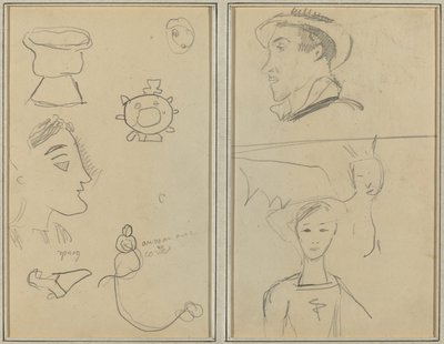 似顔絵と五つの形。 横顔の男、有翼の生き物、少年 [裏面] 作： Paul Gauguin