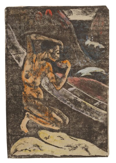 カヌーのそばで酒を飲む漁師 作： Paul Gauguin