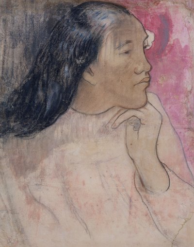 髪に花が咲くタヒチの女性、1891〜92年（木炭、パステル、ウォッシュ） 作： Paul Gauguin