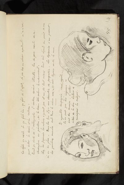 Avant et après - 少女の頭を描いたテキストと2枚のドローイング 作： Paul Gauguin