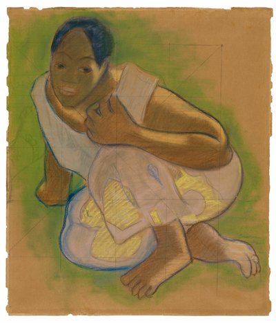 しゃがむタヒチの女性 (絵画 Nafea faa ipoipo [いつ結婚しますか?] に関連) 作： Paul Gauguin