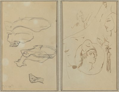 5匹の羊; 四つの頭の研究 [裏面] 作： Paul Gauguin