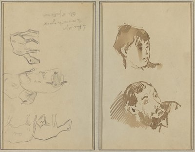 5匹の羊; 女性の頭とひげを生やした男の頭 [直訳] 作： Paul Gauguin