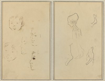 頭の5つの研究; 手と足の研究を持つ横顔の少年 [裏面] 作： Paul Gauguin
