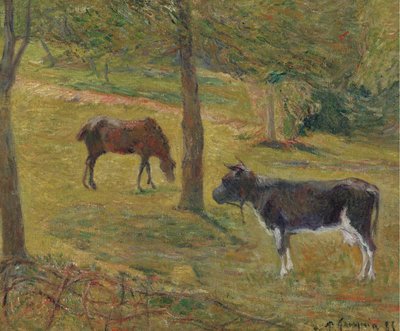 フランス語：Vache et cheval dans un pré 草原の牛と馬 作： ポール・ゴーギャン