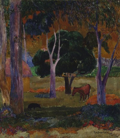 豚と馬のいるヒバオア島の風景 作： Paul Gauguin