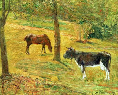1885年の牧草地の馬と牛 作： Paul Gauguin
