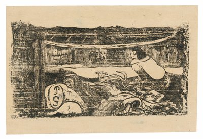 後期木版画のスイートからのタヒチの小屋の内部 作： Paul Gauguin