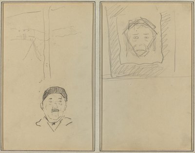 風景と人の頭。 四角の中の猿の頭 [直訳] 作： Paul Gauguin