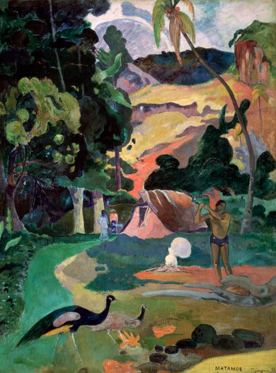 マタモエ死。孔雀のいる風景、1892 作： Paul Gauguin