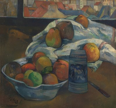 フルーツボウルと水差しの窓の前。おそらく1890年 作： Paul Gauguin