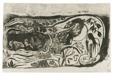 角のある悪魔の頭を持つプレート、後期木版画のスイートから 作： Paul Gauguin