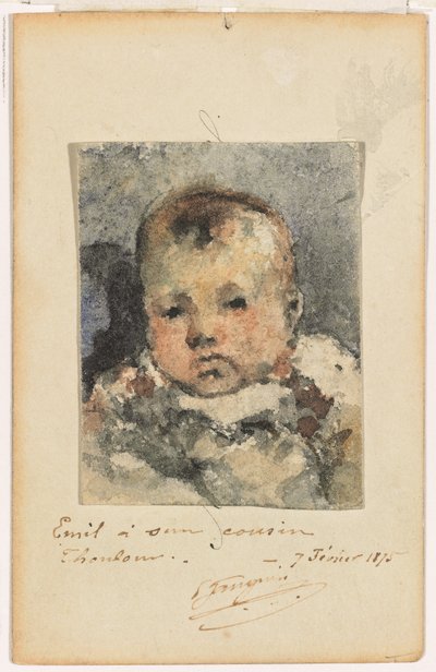 子供の肖像、1875年2月7日（オリジナルの名刺の上に敷かれた紙に水彩画） 作： Paul Gauguin